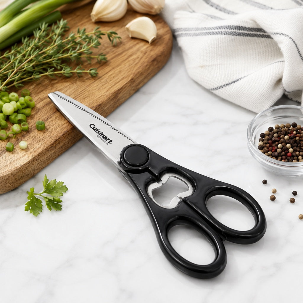 Cuisinart 8-Inch All Purpose Kitchen Scissors Stainless Steel Serrated Blades Built-In Bottle Opener Multipurpose Kitchen Shears Black