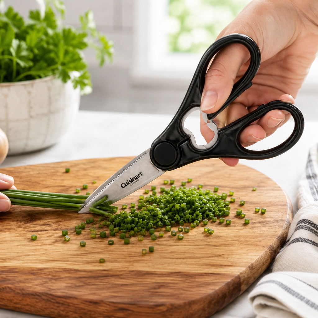 Cuisinart 8-Inch All Purpose Kitchen Scissors Stainless Steel Serrated Blades Built-In Bottle Opener Multipurpose Kitchen Shears Black