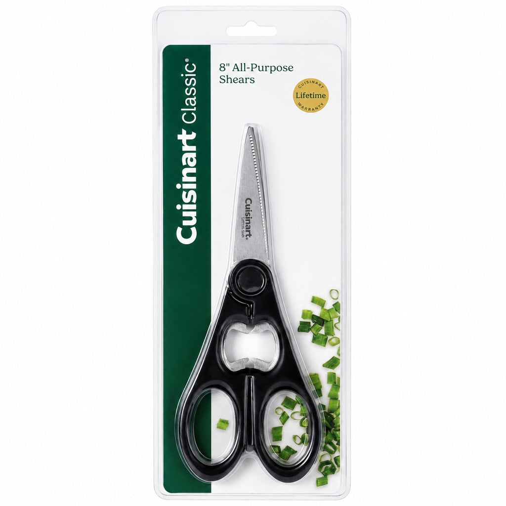 Cuisinart 8-Inch All Purpose Kitchen Scissors Stainless Steel Serrated Blades Built-In Bottle Opener Multipurpose Kitchen Shears Black