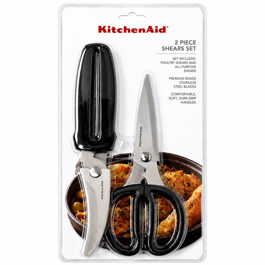 KitchenAid 2-Piece Kitchen Shears Set Stainless Steel Poultry Shears & All-Purpose Kitchen Scissors with Blade Cover, Soft-Grip Handles, Black