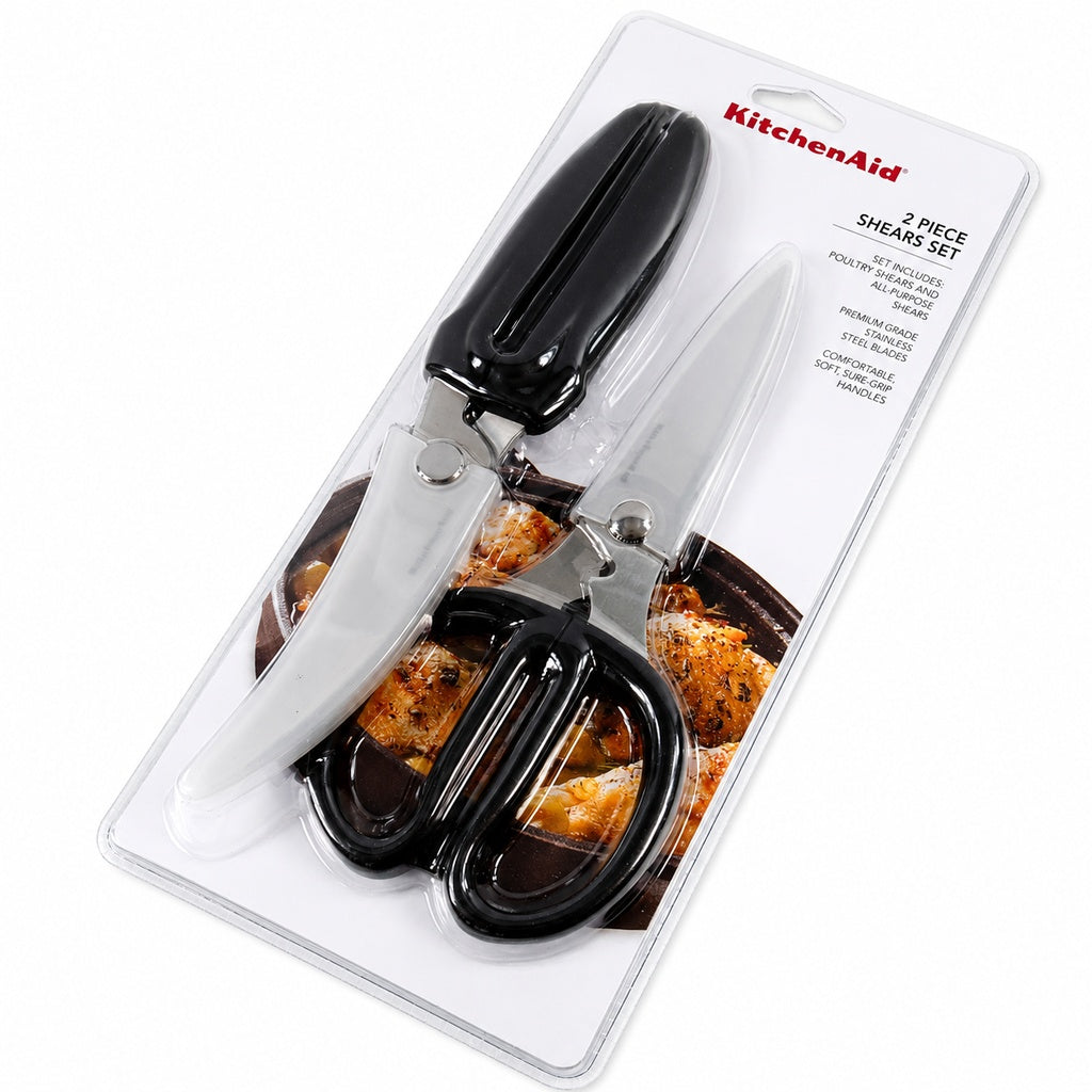 KitchenAid 2-Piece Kitchen Shears Set Stainless Steel Poultry Shears & All-Purpose Kitchen Scissors with Blade Cover, Soft-Grip Handles, Black