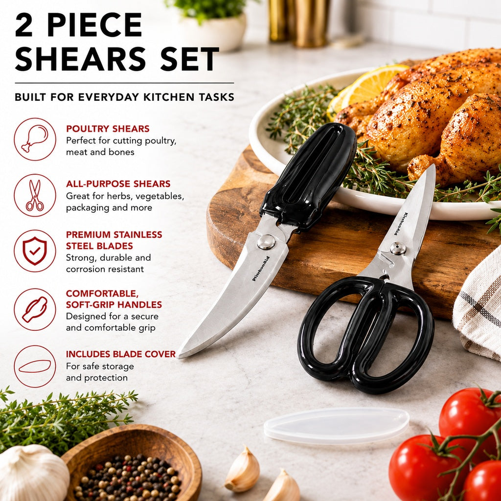 KitchenAid 2-Piece Kitchen Shears Set Stainless Steel Poultry Shears & All-Purpose Kitchen Scissors with Blade Cover, Soft-Grip Handles, Black