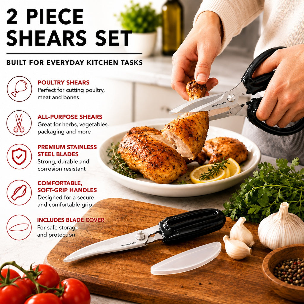 KitchenAid 2-Piece Kitchen Shears Set Stainless Steel Poultry Shears & All-Purpose Kitchen Scissors with Blade Cover, Soft-Grip Handles, Black