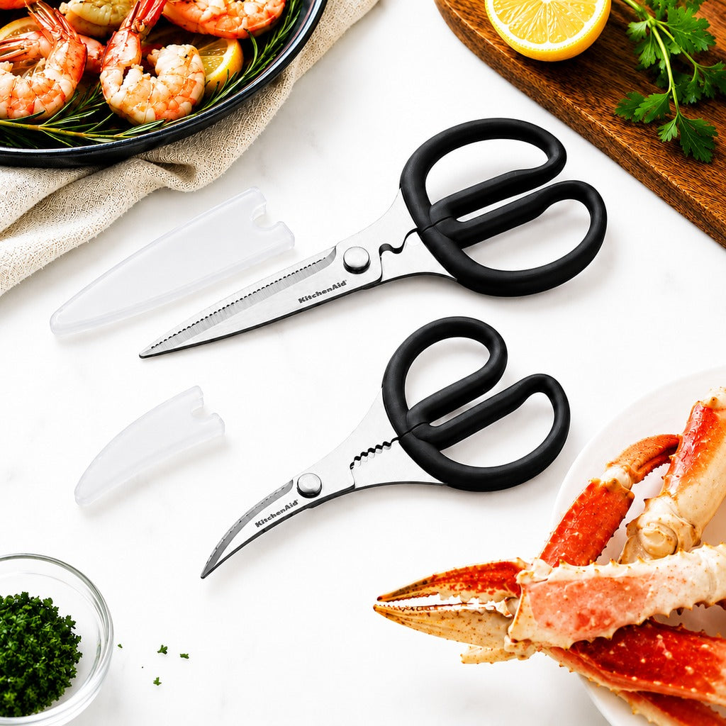 KitchenAid Kitchen Shears Set - 2 Piece Stainless Steel Kitchen Scissors & Seafood Shears with Protective Covers