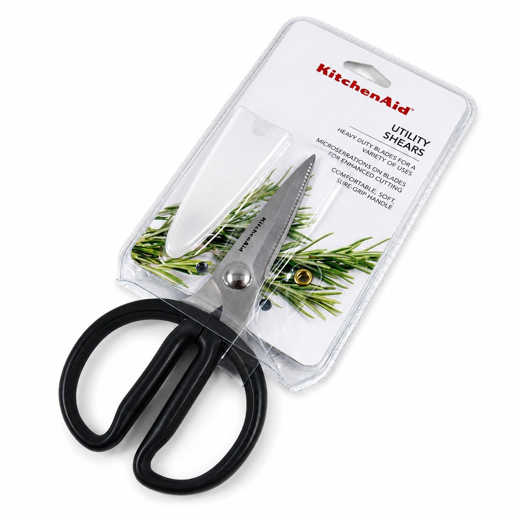 KitchenAid Mini Utility Shears with Protective Sheath Stainless Steel Micro-Serrated Kitchen Scissors for Herbs, Meat, Food Packaging & Everyday Cutting Black