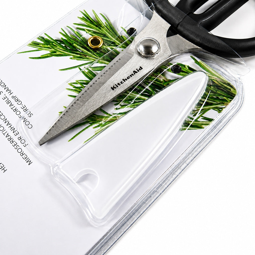 KitchenAid Mini Utility Shears with Protective Sheath Stainless Steel Micro-Serrated Kitchen Scissors for Herbs, Meat, Food Packaging & Everyday Cutting Black