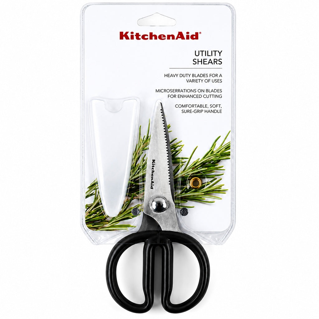 KitchenAid Mini Utility Shears with Protective Sheath Stainless Steel Micro-Serrated Kitchen Scissors for Herbs, Meat, Food Packaging & Everyday Cutting Black