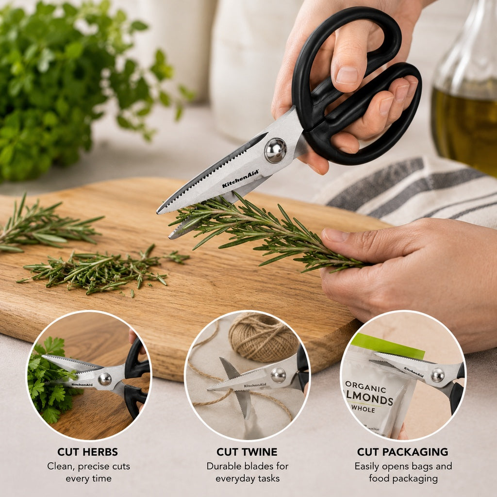 KitchenAid Mini Utility Shears with Protective Sheath Stainless Steel Micro-Serrated Kitchen Scissors for Herbs, Meat, Food Packaging & Everyday Cutting Black