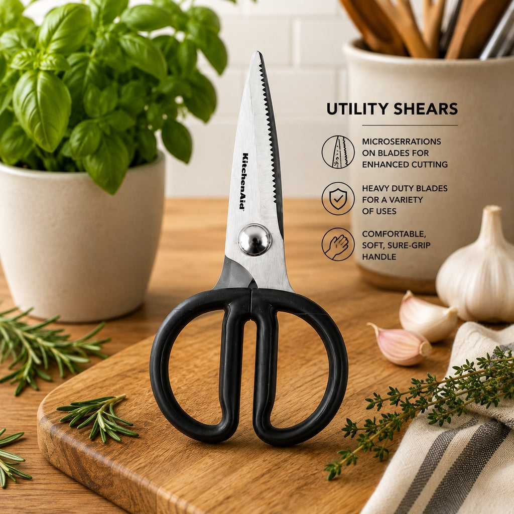 KitchenAid Mini Utility Shears with Protective Sheath Stainless Steel Micro-Serrated Kitchen Scissors for Herbs, Meat, Food Packaging & Everyday Cutting Black