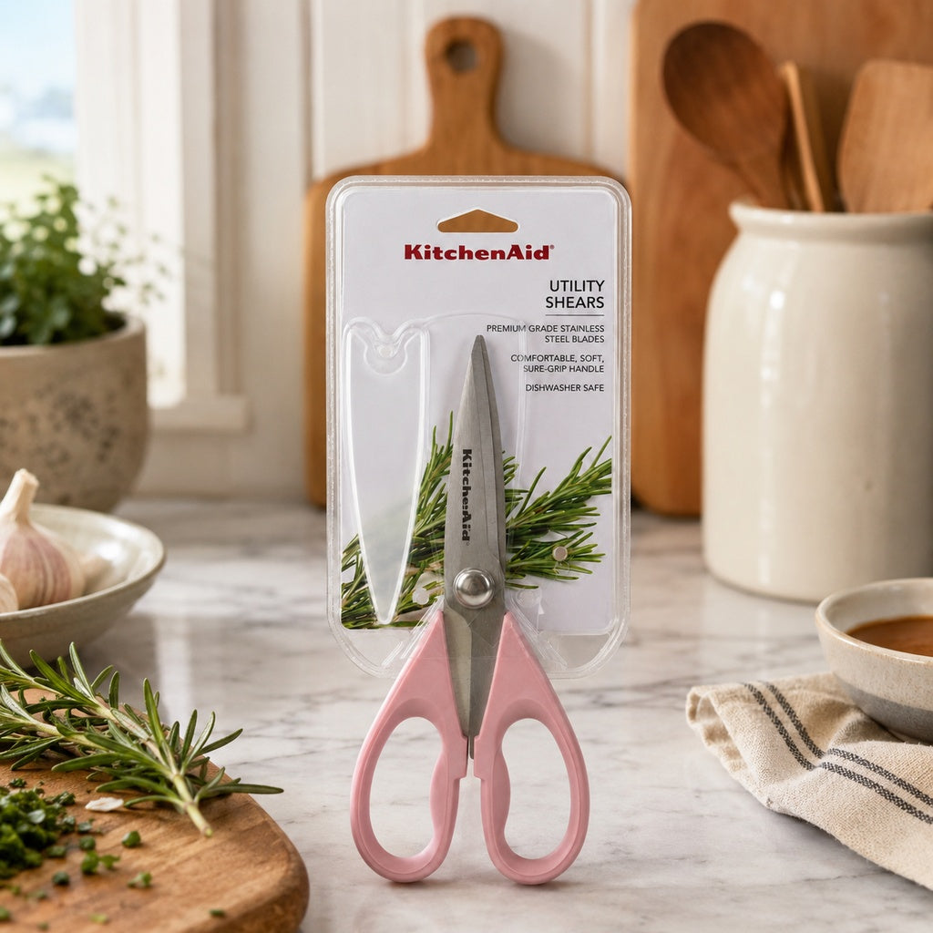 KitchenAid Rose Pink Kitchen Scissors Stainless-Steel Utility Shears with Protective Sheath