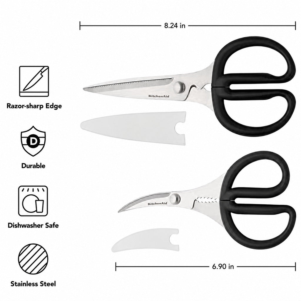 KitchenAid Kitchen Shears Set - 2 Piece Stainless Steel Kitchen Scissors & Seafood Shears with Protective Covers